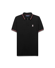 Mens Jaydon Pique Polo, classic fit, black pique fabric with red and white striped collar and cuffs, featuring a small embroidered Psycho Bunny skull logo on the left chest. (5)