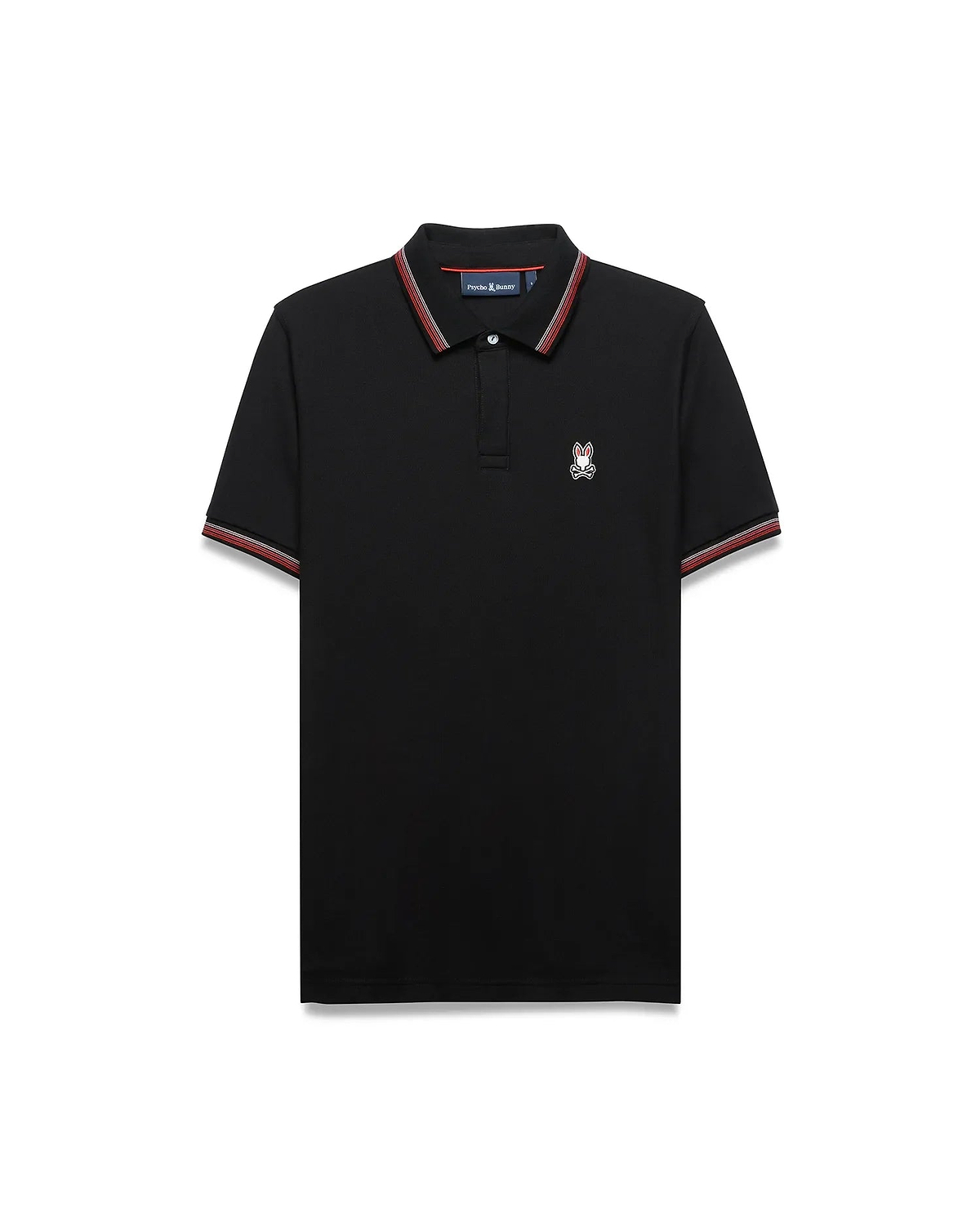 Mens Jaydon Pique Polo, classic fit, black pique fabric with red and white striped collar and cuffs, featuring a small embroidered Psycho Bunny skull logo on the left chest. (5)