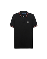 Mens Jaydon Pique Polo, classic fit, black pique fabric with red and white striped collar and cuffs, featuring a small embroidered Psycho Bunny skull logo on the left chest. (5)