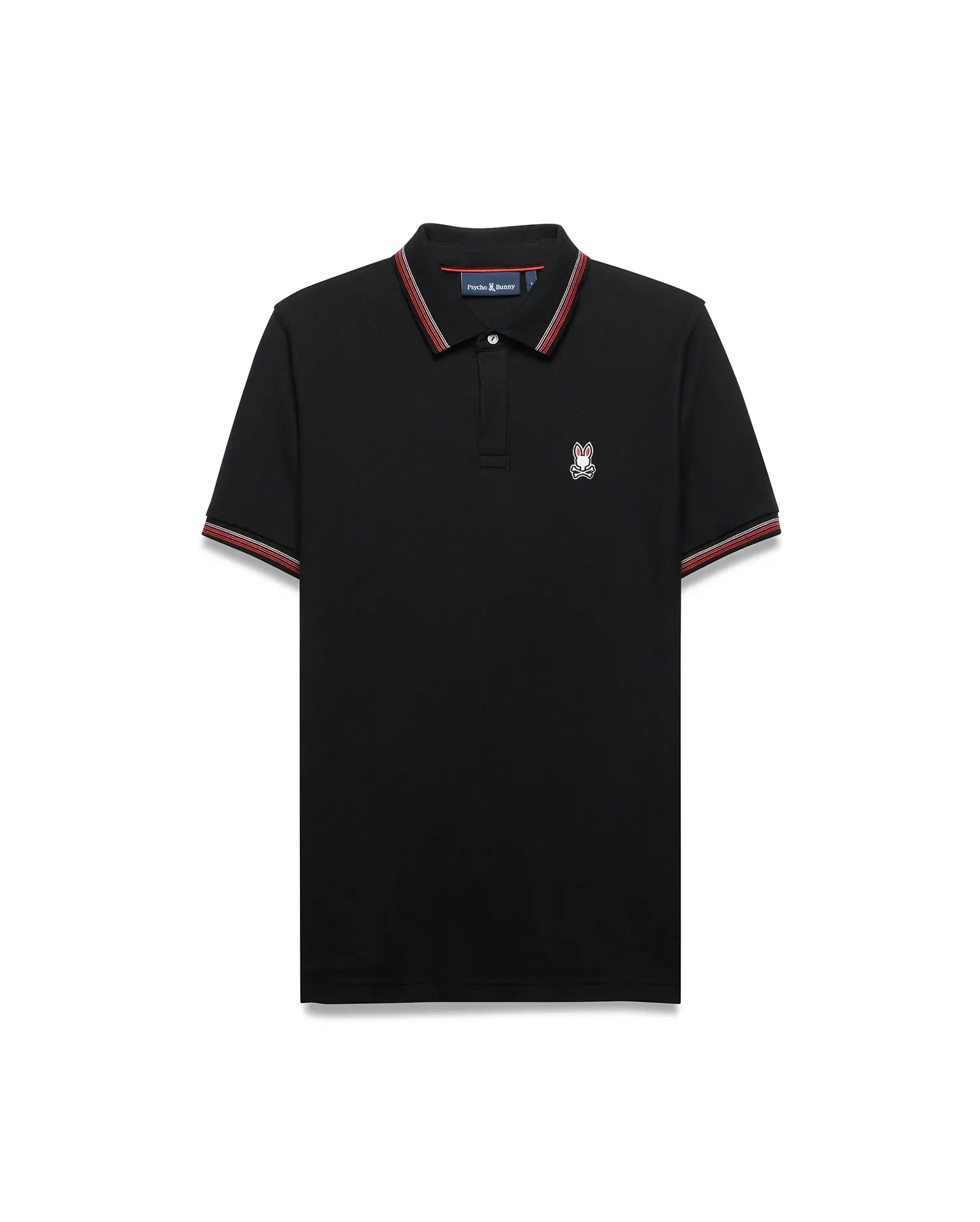 Mens Jaydon Pique Polo, classic fit, black pique fabric with red and white striped collar and cuffs, featuring a small embroidered Psycho Bunny skull logo on the left chest. (5)