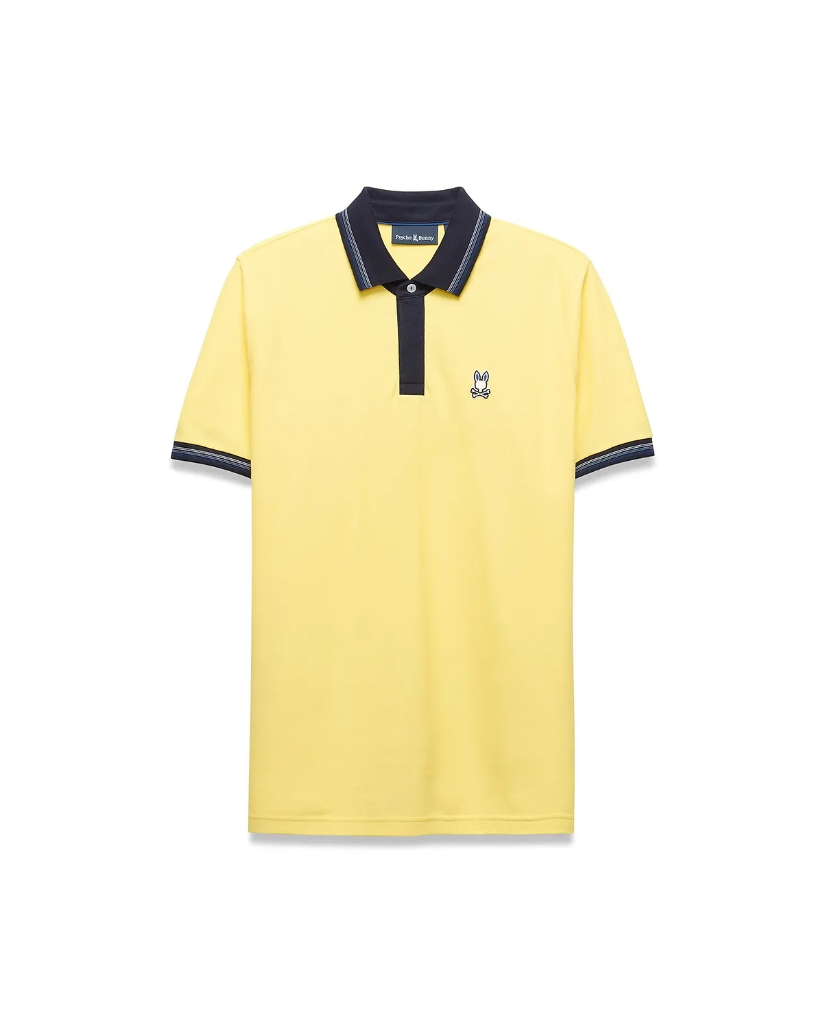 Mens Jaydon Pique Polo in bright yellow, featuring a navy blue collar with white tipping, a two-button placket, ribbed cuffs with matching stripes, and a small embroidered Psycho Bunny logo on the left chest for a classic fit. (5)