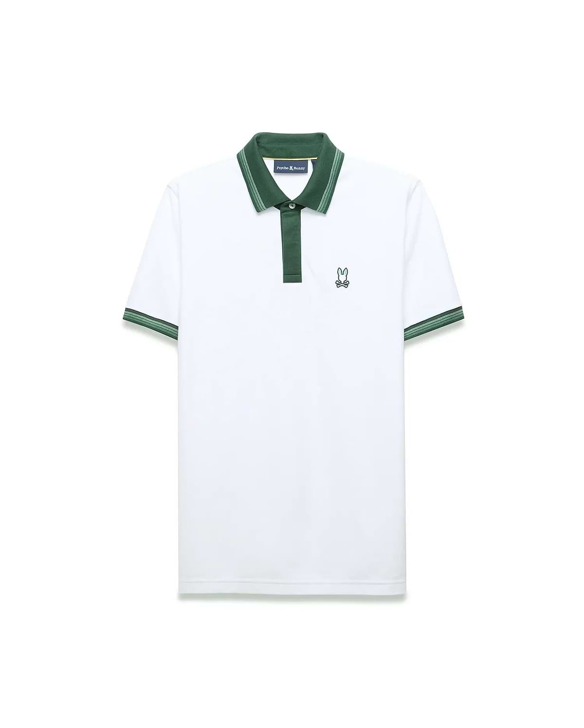 Mens Jaydon Pique Polo in white pique, featuring a dark green collar and placket. It has striped green cuffs and a small, embroidered green Psycho Bunny skull logo on the left chest, offering a classic fit. (5)