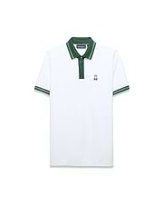 Mens Jaydon Pique Polo in white pique, featuring a dark green collar and placket. It has striped green cuffs and a small, embroidered green Psycho Bunny skull logo on the left chest, offering a classic fit. (5)