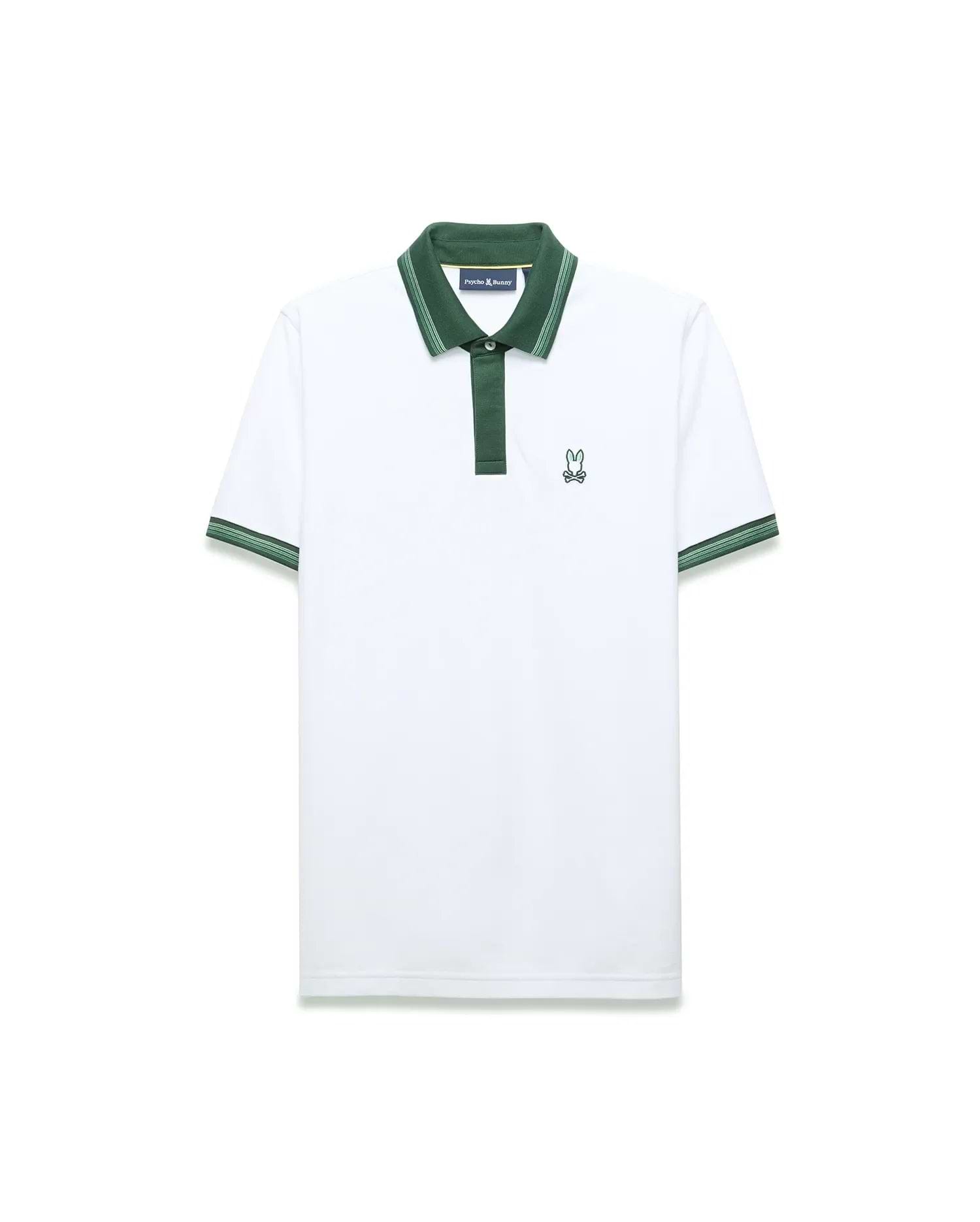 Mens Jaydon Pique Polo in white pique, featuring a dark green collar and placket. It has striped green cuffs and a small, embroidered green Psycho Bunny skull logo on the left chest, offering a classic fit. (5)