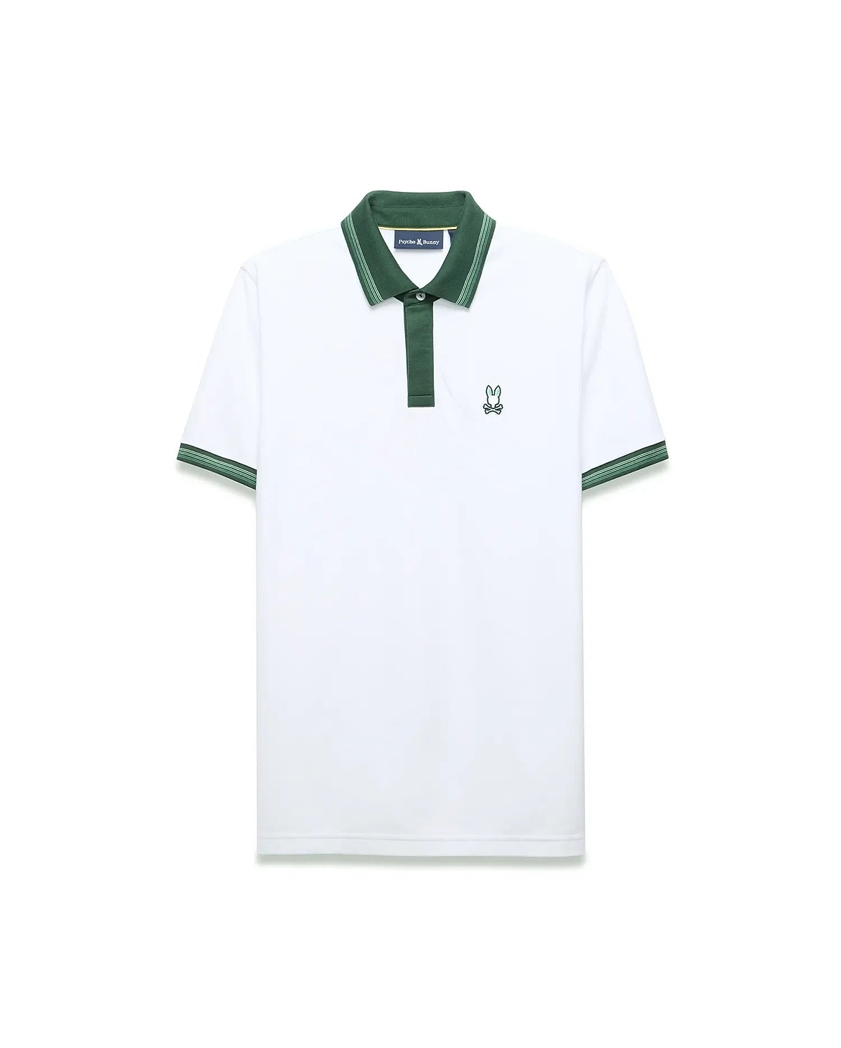 Mens Jaydon Pique Polo in white pique, featuring a dark green collar and placket. It has striped green cuffs and a small, embroidered green Psycho Bunny skull logo on the left chest, offering a classic fit. (5)