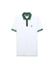 Mens Jaydon Pique Polo in white pique, featuring a dark green collar and placket. It has striped green cuffs and a small, embroidered green Psycho Bunny skull logo on the left chest, offering a classic fit. (5)