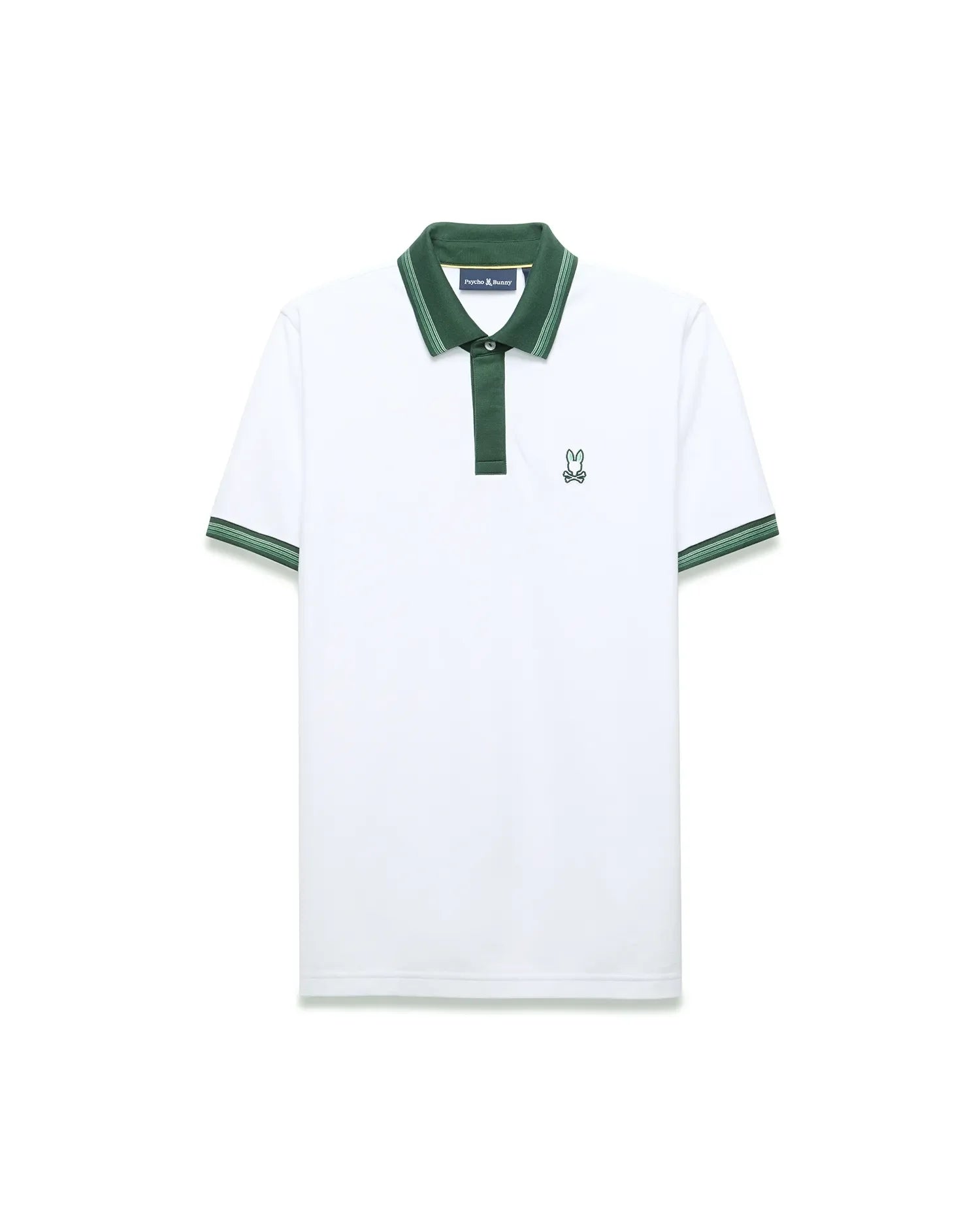 Mens Jaydon Pique Polo in white pique, featuring a dark green collar and placket. It has striped green cuffs and a small, embroidered green Psycho Bunny skull logo on the left chest, offering a classic fit. (5)