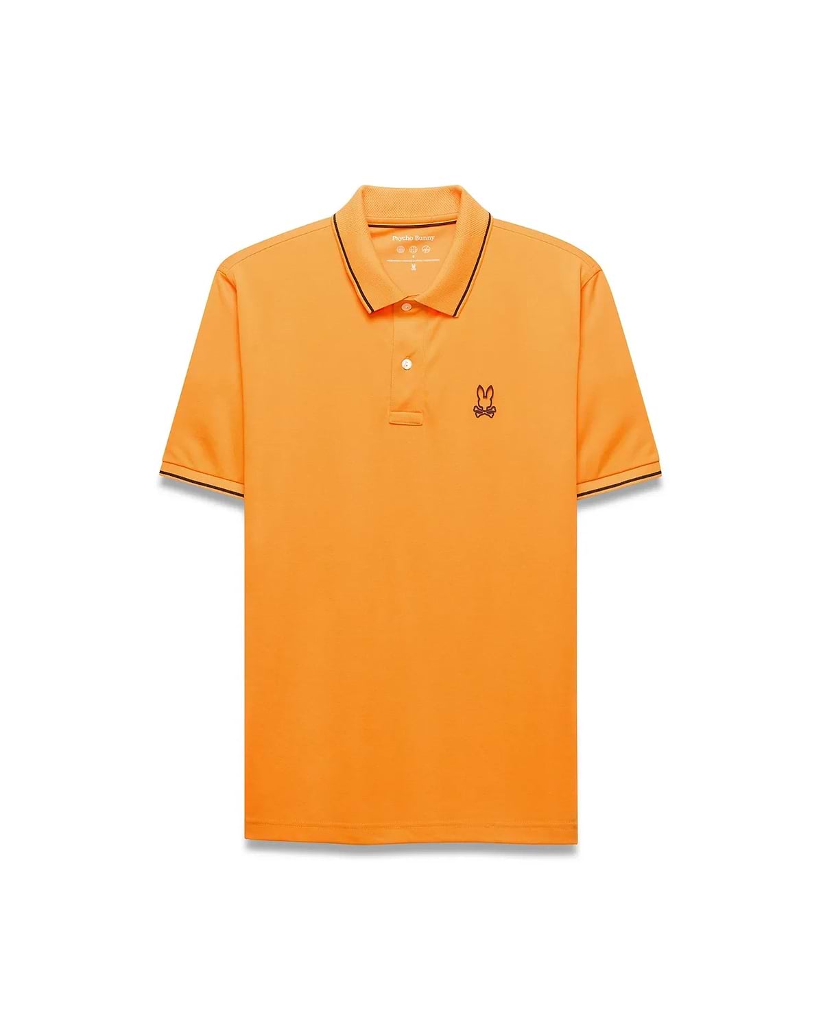 Mens Joji Performance Polo in vibrant orange, featuring a classic fit, smooth jersey fabric, black tipping on the collar and cuffs, and a small embroidered Psycho Bunny skull logo on the left chest. (4)