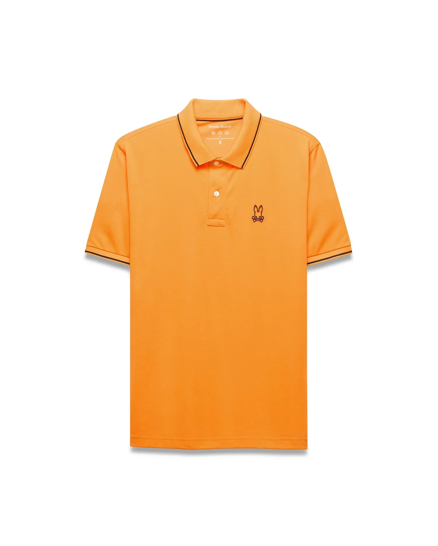 Mens Joji Performance Polo in vibrant orange, featuring a classic fit, smooth jersey fabric, black tipping on the collar and cuffs, and a small embroidered Psycho Bunny skull logo on the left chest. (4)