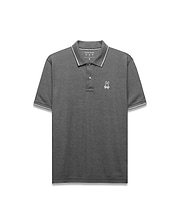 Mens Joji Performance Polo, dark grey heathered pique knit polo with classic fit, featuring a small white embroidered Psycho Bunny skull logo on the left chest and white striped ribbed collar and cuffs.