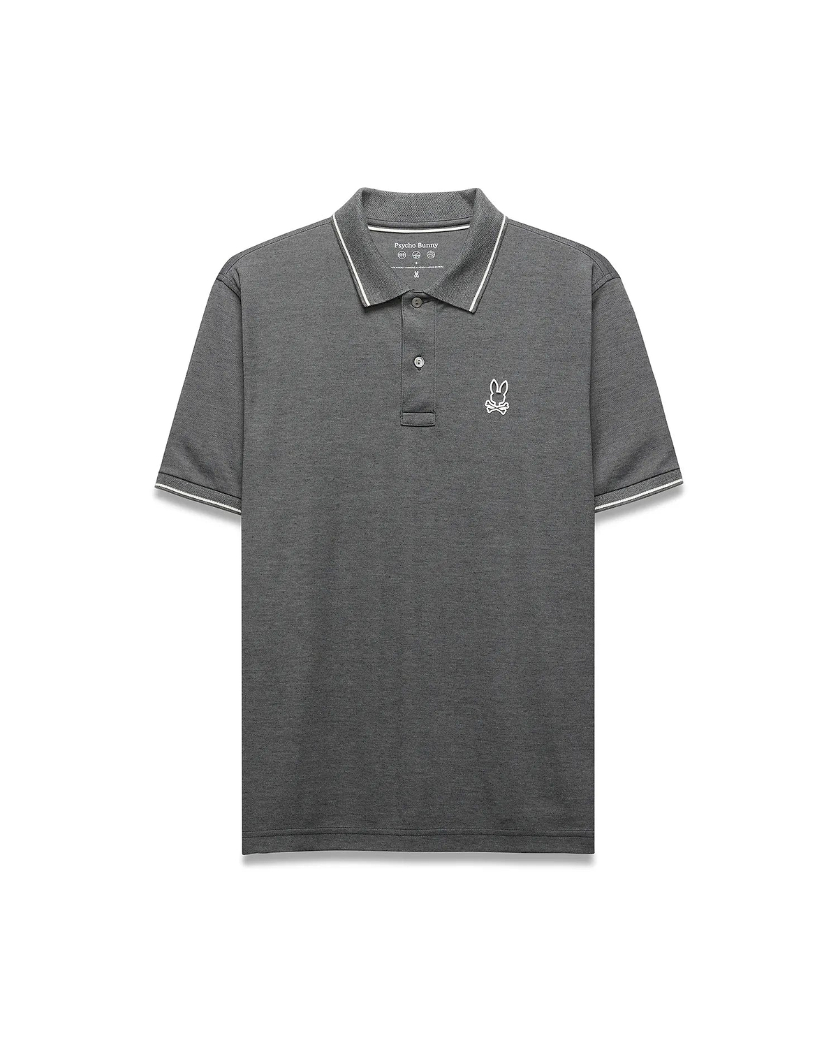 Mens Joji Performance Polo, dark grey heathered pique knit polo with classic fit, featuring a small white embroidered Psycho Bunny skull logo on the left chest and white striped ribbed collar and cuffs.