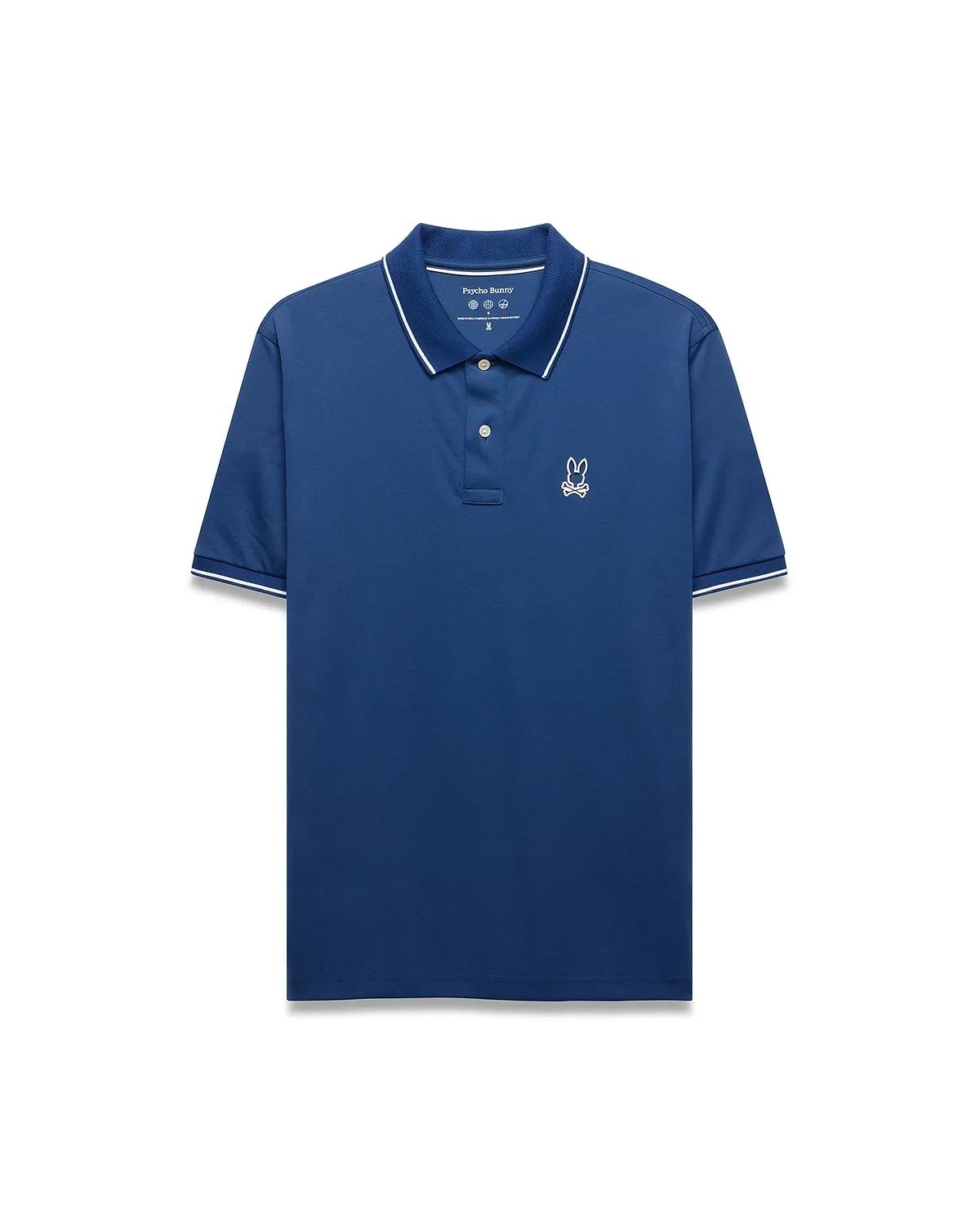 Mens Joji Performance Polo, a deep blue classic fit polo with a smooth performance fabric, features a white embroidered Psycho Bunny skull logo on the left chest and white tipping on the collar and cuffs. (5)