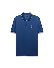 Mens Joji Performance Polo, a deep blue classic fit polo with a smooth performance fabric, features a white embroidered Psycho Bunny skull logo on the left chest and white tipping on the collar and cuffs. (5)