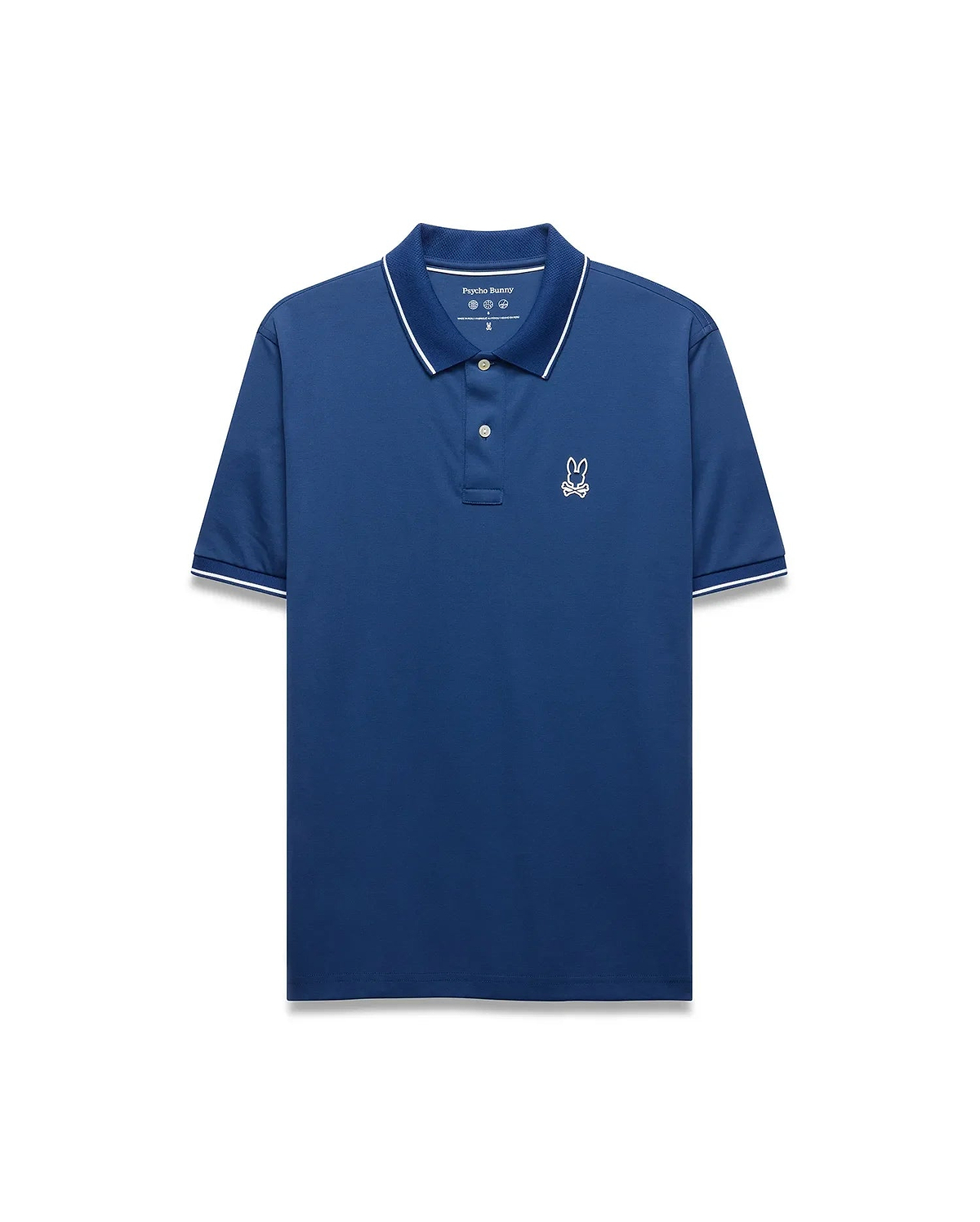 Mens Joji Performance Polo, a deep blue classic fit polo with a smooth performance fabric, features a white embroidered Psycho Bunny skull logo on the left chest and white tipping on the collar and cuffs. (5)