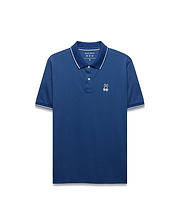 Mens Joji Performance Polo, a deep blue classic fit polo with a smooth performance fabric, features a white embroidered Psycho Bunny skull logo on the left chest and white tipping on the collar and cuffs. (5)