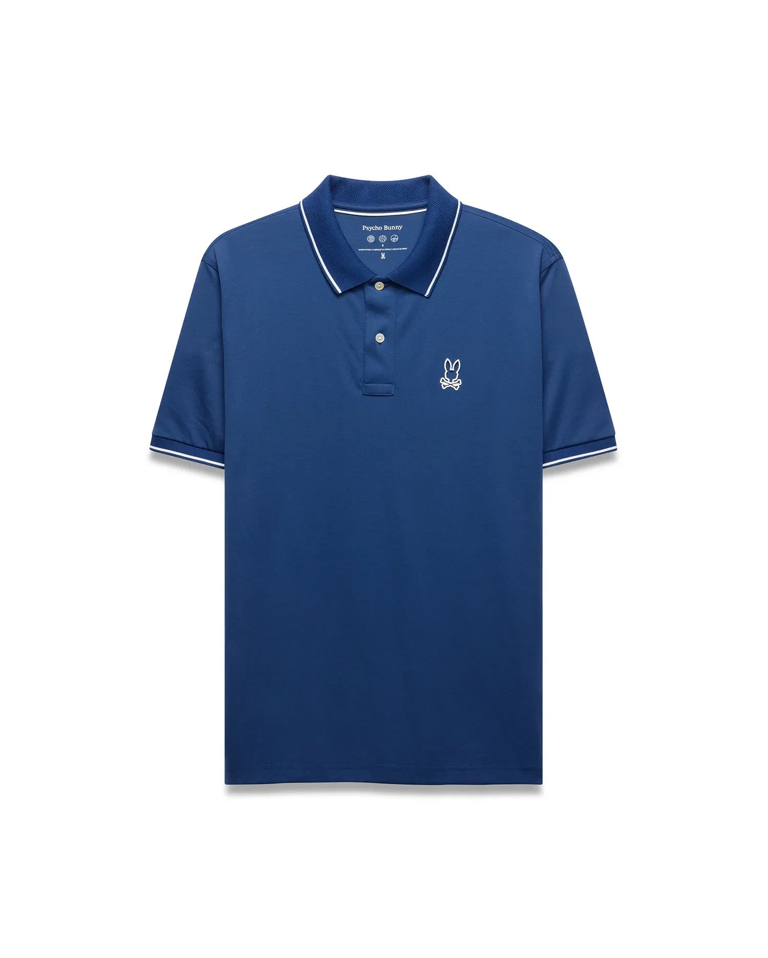 Mens Joji Performance Polo, a deep blue classic fit polo with a smooth performance fabric, features a white embroidered Psycho Bunny skull logo on the left chest and white tipping on the collar and cuffs. (5)