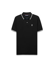 Mens Stan Pique Polo, black classic fit pique with white tipped collar/cuffs, two-button placket, red neck tape, and small white embroidered Psycho Bunny skull logo on left chest. (4)