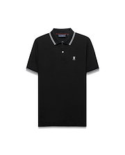 Mens Stan Pique Polo, black classic fit pique with white tipped collar/cuffs, two-button placket, red neck tape, and small white embroidered Psycho Bunny skull logo on left chest. (4)