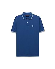 Mens Stan Pique Polo, royal blue classic fit pique knit with a two-button placket, white/light blue striped ribbed collar/cuffs, and small light blue embroidered Psycho Bunny skull logo on left chest. (5)