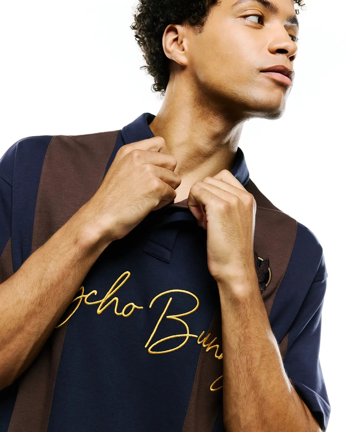 Mens Chad Relaxed Fit Striped Polo, navy blue and brown vertical striped jersey knit with a large gold embroidered Psycho Bunny script logo on the chest and a small dark bunny skull patch. (3)