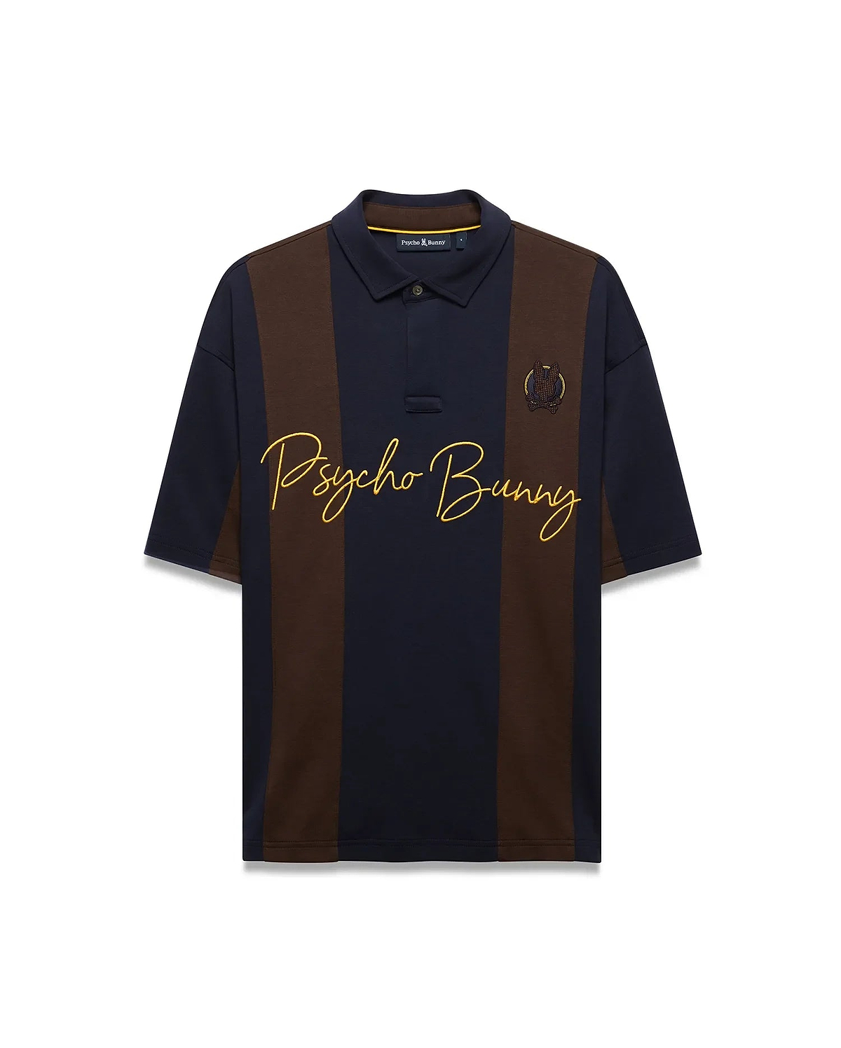 Mens Chad Relaxed Fit Striped Polo in navy and brown vertical stripes, featuring a relaxed fit, smooth jersey knit, large yellow embroidered Psycho Bunny script, and small embroidered skull logo. (5)
