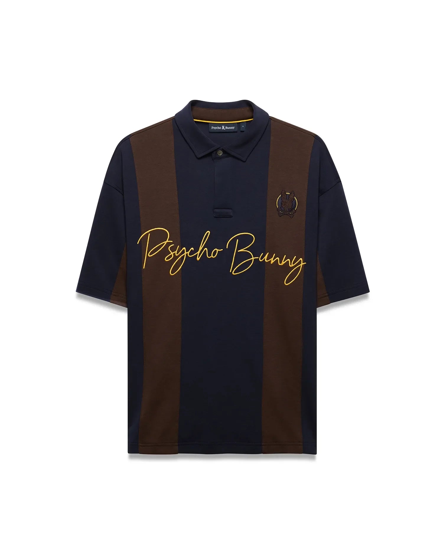 Mens Chad Relaxed Fit Striped Polo in navy and brown vertical stripes, featuring a relaxed fit, smooth jersey knit, large yellow embroidered Psycho Bunny script, and small embroidered skull logo. (5)