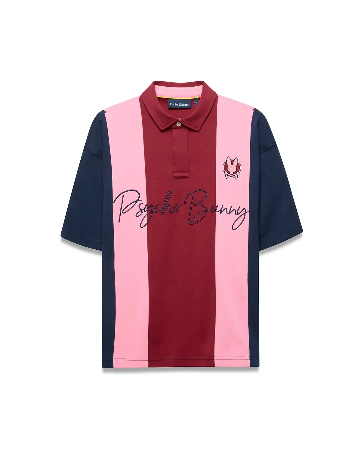 Mens Chad Relaxed Fit Striped Polo with bold vertical color blocks in maroon, light pink, and navy jersey knit. Features a small embroidered bunny skull logo on the left chest and a large navy Psycho Bunny script logo across the front.