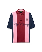 Mens Chad Relaxed Fit Striped Polo with bold vertical color blocks in maroon, light pink, and navy jersey knit. Features a small embroidered bunny skull logo on the left chest and a large navy Psycho Bunny script logo across the front.
