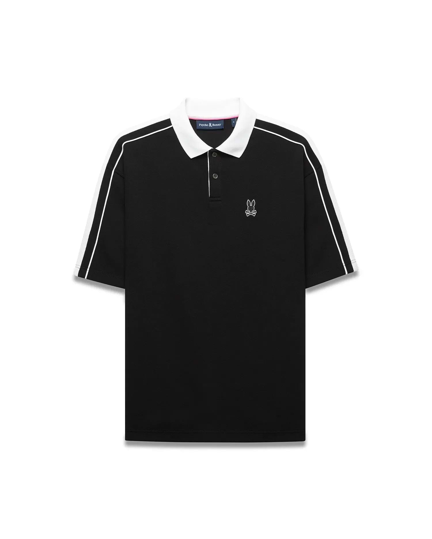 Mens Ceano Relaxed Fit Heavy Pique Polo in black with a crisp white collar, white double-stripe sleeves, and a small embroidered white Psycho Bunny skull logo on the left chest.