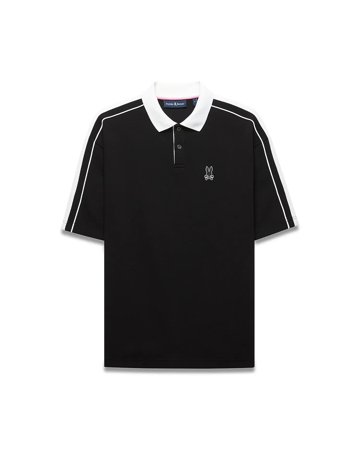 Mens Ceano Relaxed Fit Heavy Pique Polo in black with a crisp white collar, white double-stripe sleeves, and a small embroidered white Psycho Bunny skull logo on the left chest.