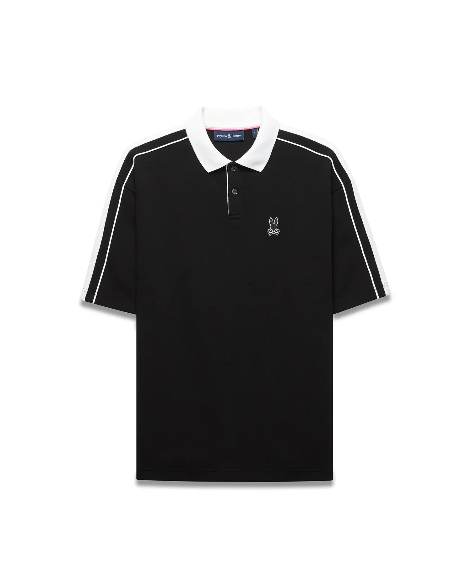 Mens Ceano Relaxed Fit Heavy Pique Polo in black with a crisp white collar, white double-stripe sleeves, and a small embroidered white Psycho Bunny skull logo on the left chest.