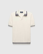 Mens Elowen Knit Polo, cream ribbed knit with navy striped V-neck collar, cuffs, and hem, featuring a small embroidered Psycho Bunny skull logo on the left chest. (4)
