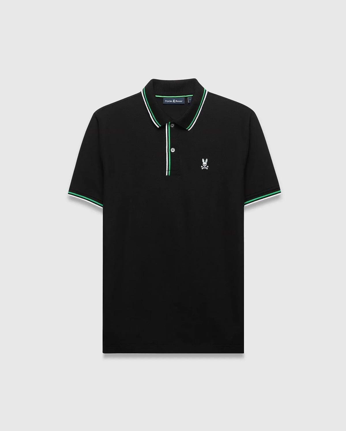 Mens Faye Pique Polo, black classic fit pique polo with green and white striped collar and cuffs, featuring a small embroidered white Psycho Bunny skull logo on the left chest. (5)