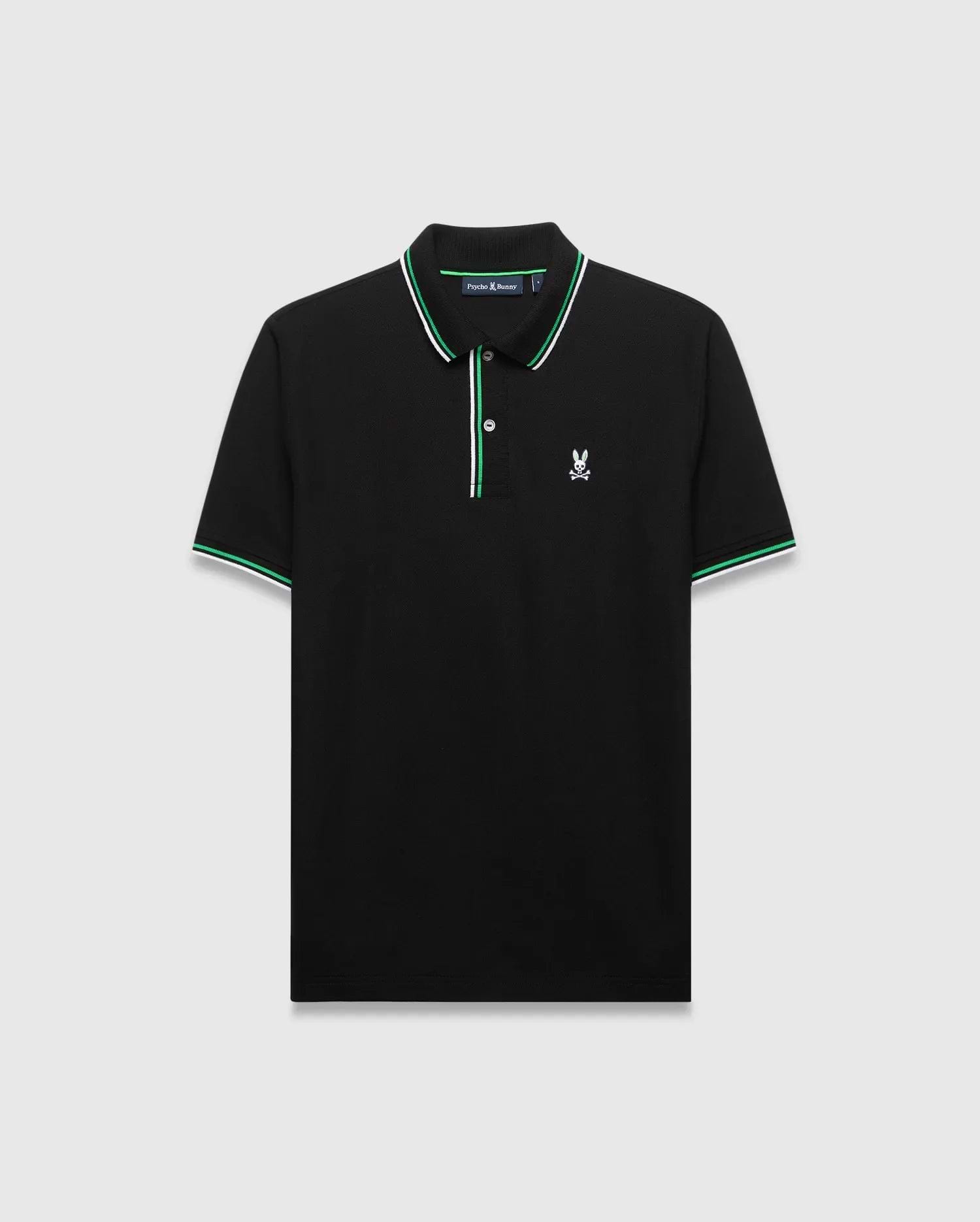 Mens Faye Pique Polo, black classic fit pique polo with green and white striped collar and cuffs, featuring a small embroidered white Psycho Bunny skull logo on the left chest. (5)