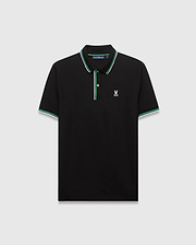 Mens Faye Pique Polo, black classic fit pique polo with green and white striped collar and cuffs, featuring a small embroidered white Psycho Bunny skull logo on the left chest. (5)
