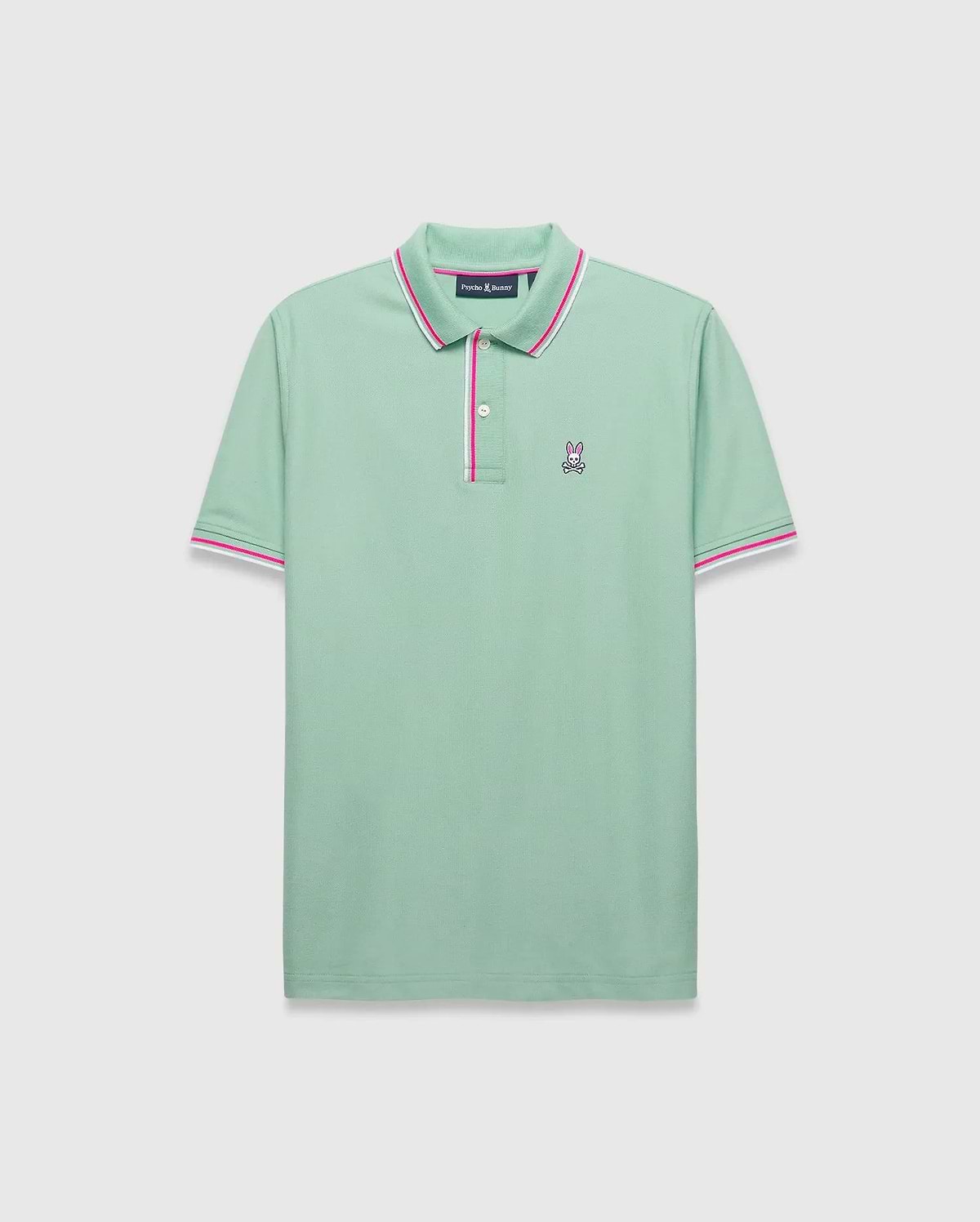 Mens Faye Pique Polo in mint green pique with pink and white tipped collar and cuffs, featuring a small embroidered white and pink Psycho Bunny skull logo on the left chest.