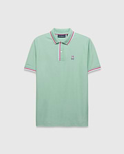 Mens Faye Pique Polo in mint green pique with pink and white tipped collar and cuffs, featuring a small embroidered white and pink Psycho Bunny skull logo on the left chest.