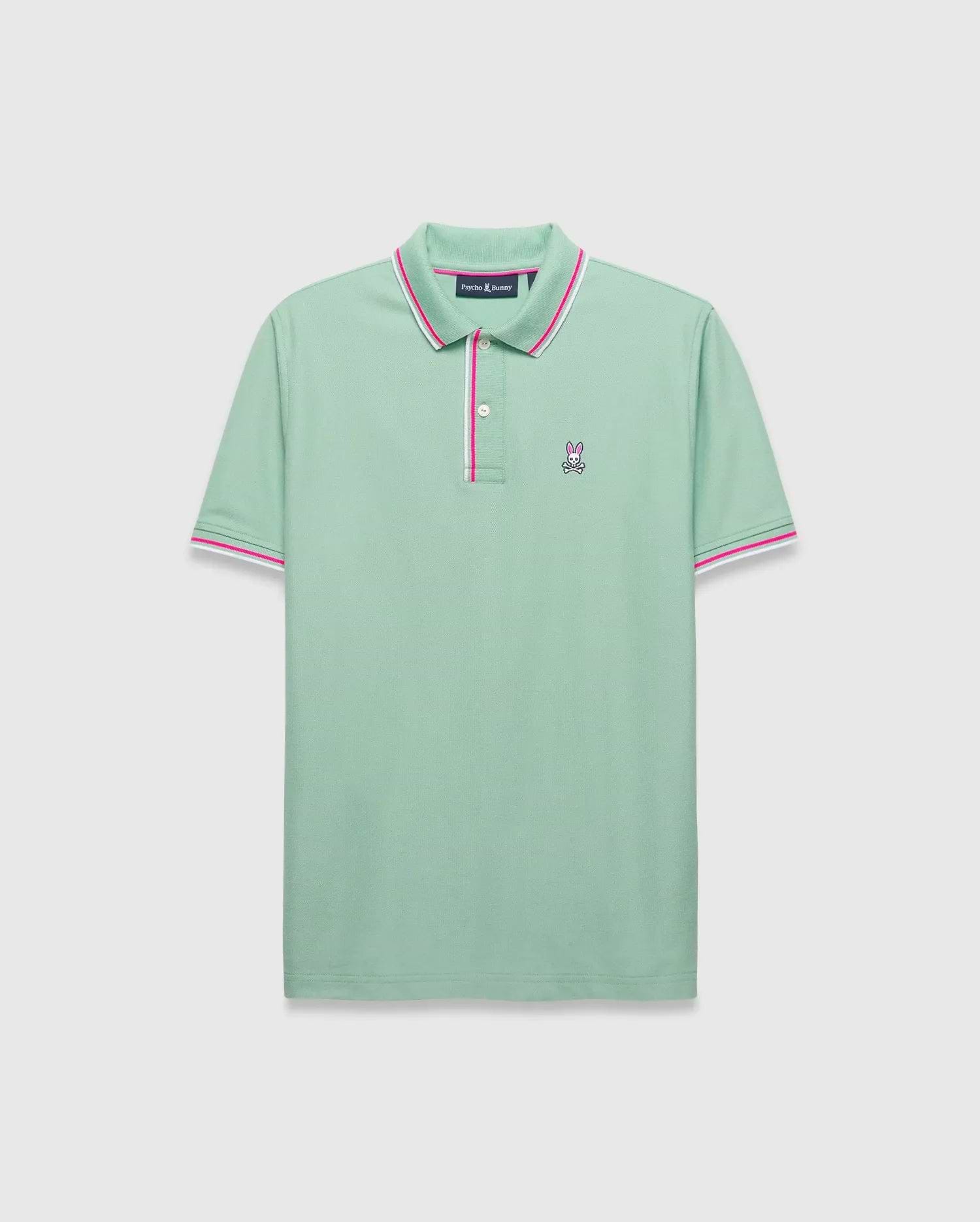 Mens Faye Pique Polo in mint green pique with pink and white tipped collar and cuffs, featuring a small embroidered white and pink Psycho Bunny skull logo on the left chest.