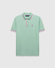 Mens Faye Pique Polo in mint green pique with pink and white tipped collar and cuffs, featuring a small embroidered white and pink Psycho Bunny skull logo on the left chest.