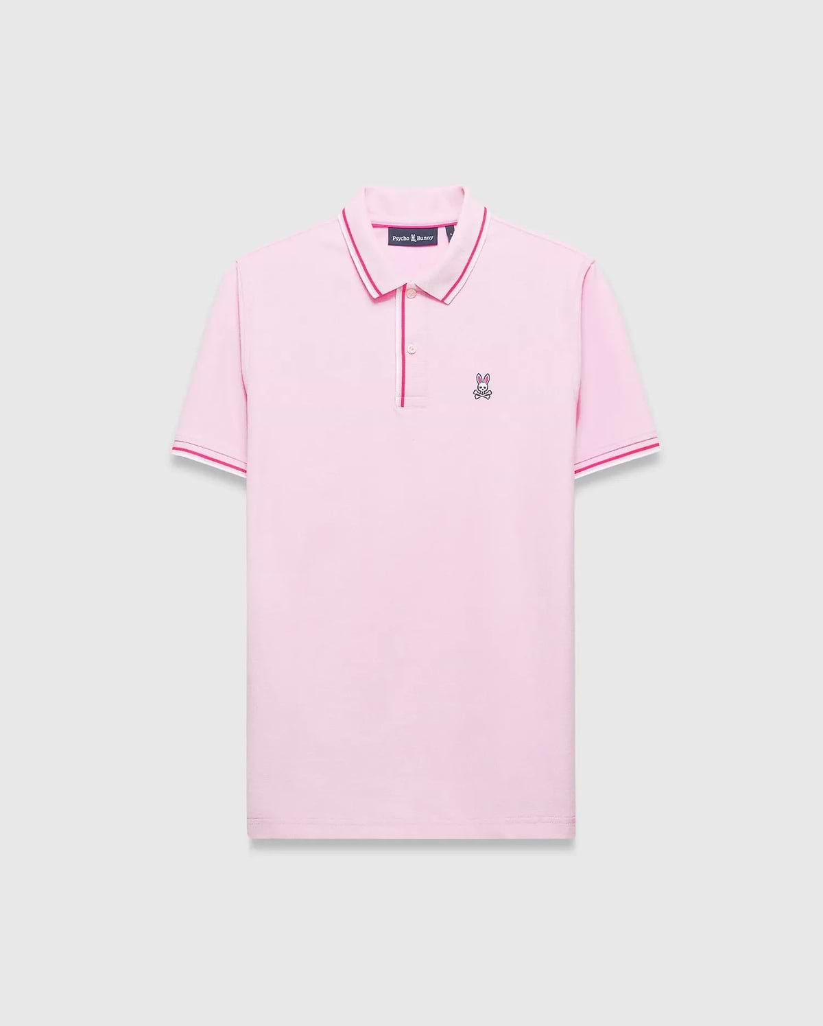 Mens Faye Pique Polo in pink, featuring a classic fit, pique texture, white and fuchsia tipped collar and cuffs, and a small embroidered Psycho Bunny skull logo on the left chest.