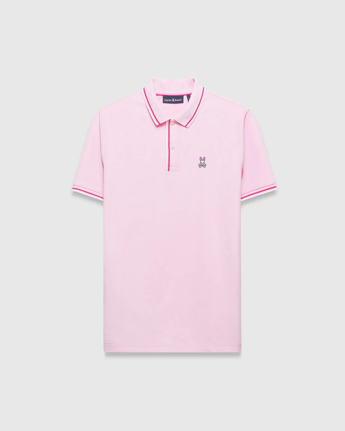 Mens Faye Pique Polo in pink, featuring a classic fit, pique texture, white and fuchsia tipped collar and cuffs, and a small embroidered Psycho Bunny skull logo on the left chest.