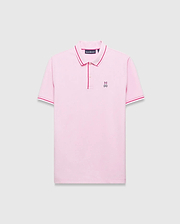 Mens Faye Pique Polo in pink, featuring a classic fit, pique texture, white and fuchsia tipped collar and cuffs, and a small embroidered Psycho Bunny skull logo on the left chest.