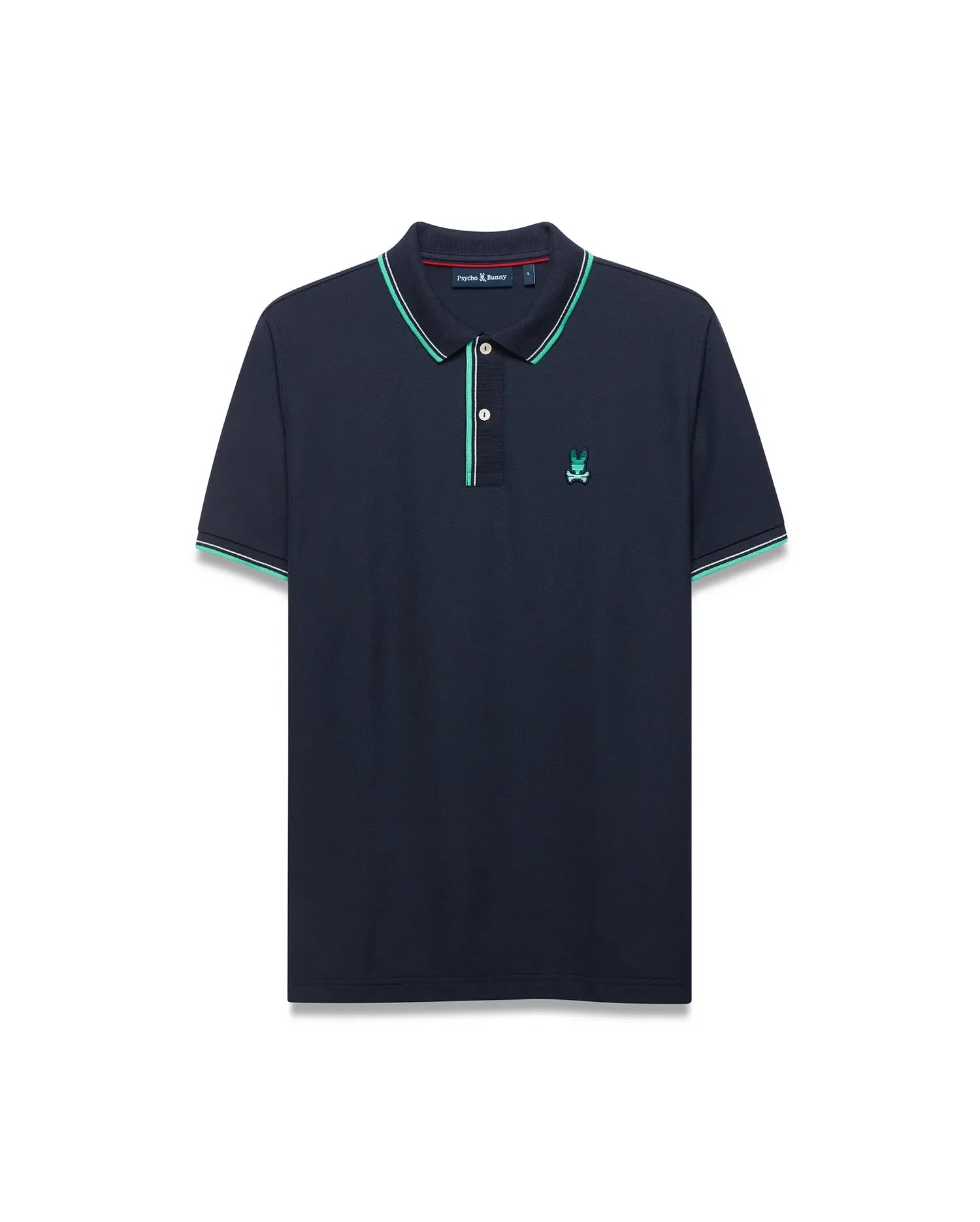 Men's Slade Pique Polo in navy blue, featuring a classic fit, textured pique fabric, and a small embroidered teal Psycho Bunny skull logo on the left chest. The ribbed collar and sleeve cuffs have green and white tipping. (5)