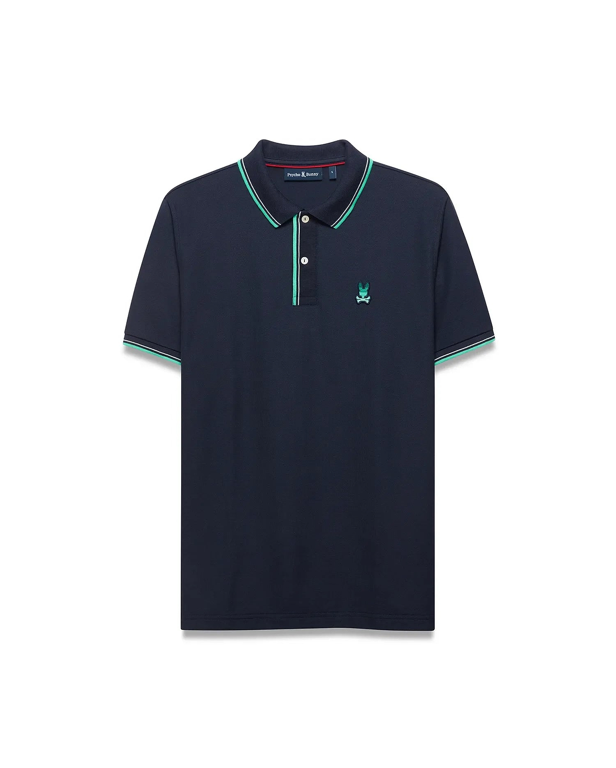 Men's Slade Pique Polo in navy blue, featuring a classic fit, textured pique fabric, and a small embroidered teal Psycho Bunny skull logo on the left chest. The ribbed collar and sleeve cuffs have green and white tipping. (5)
