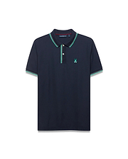 Men's Slade Pique Polo in navy blue, featuring a classic fit, textured pique fabric, and a small embroidered teal Psycho Bunny skull logo on the left chest. The ribbed collar and sleeve cuffs have green and white tipping. (5)