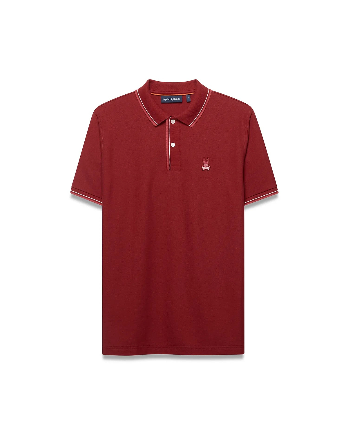 Men's Slade Pique Polo. Burgundy classic fit pique knit polo with white and orange tipped collar and cuffs, featuring a small embroidered Psycho Bunny skull logo on the left chest and white buttons. (5)