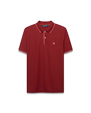 Men's Slade Pique Polo. Burgundy classic fit pique knit polo with white and orange tipped collar and cuffs, featuring a small embroidered Psycho Bunny skull logo on the left chest and white buttons. (5)