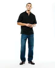 Men's Nolen Oversized Jersey Polo, a black oversized jersey polo featuring a sleek zipper placket and a small embroidered Psycho Bunny skull logo on the left chest. (4)