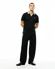 Black Men's Teddy Johnny Collar Polo, classic fit, smooth jersey knit, with grey and white check collar and cuffs, red side slit detail, small white embroidered Psycho Bunny skull logo on left chest. (4)