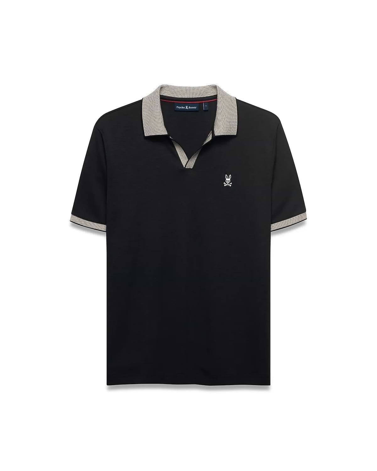 Men's Teddy Johnny Collar Polo. Black classic fit jersey polo with beige houndstooth Johnny collar and cuffs, featuring a small white embroidered Psycho Bunny skull logo on the left chest. (5)